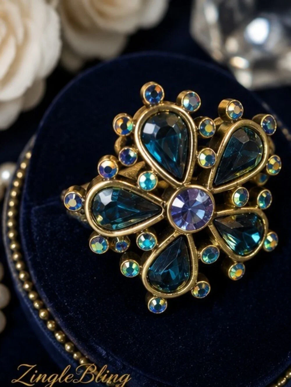 Heidi Daus Floral Crystal Statement Ring Size 9 Blue AB Rhinestone Gold Tone NOS